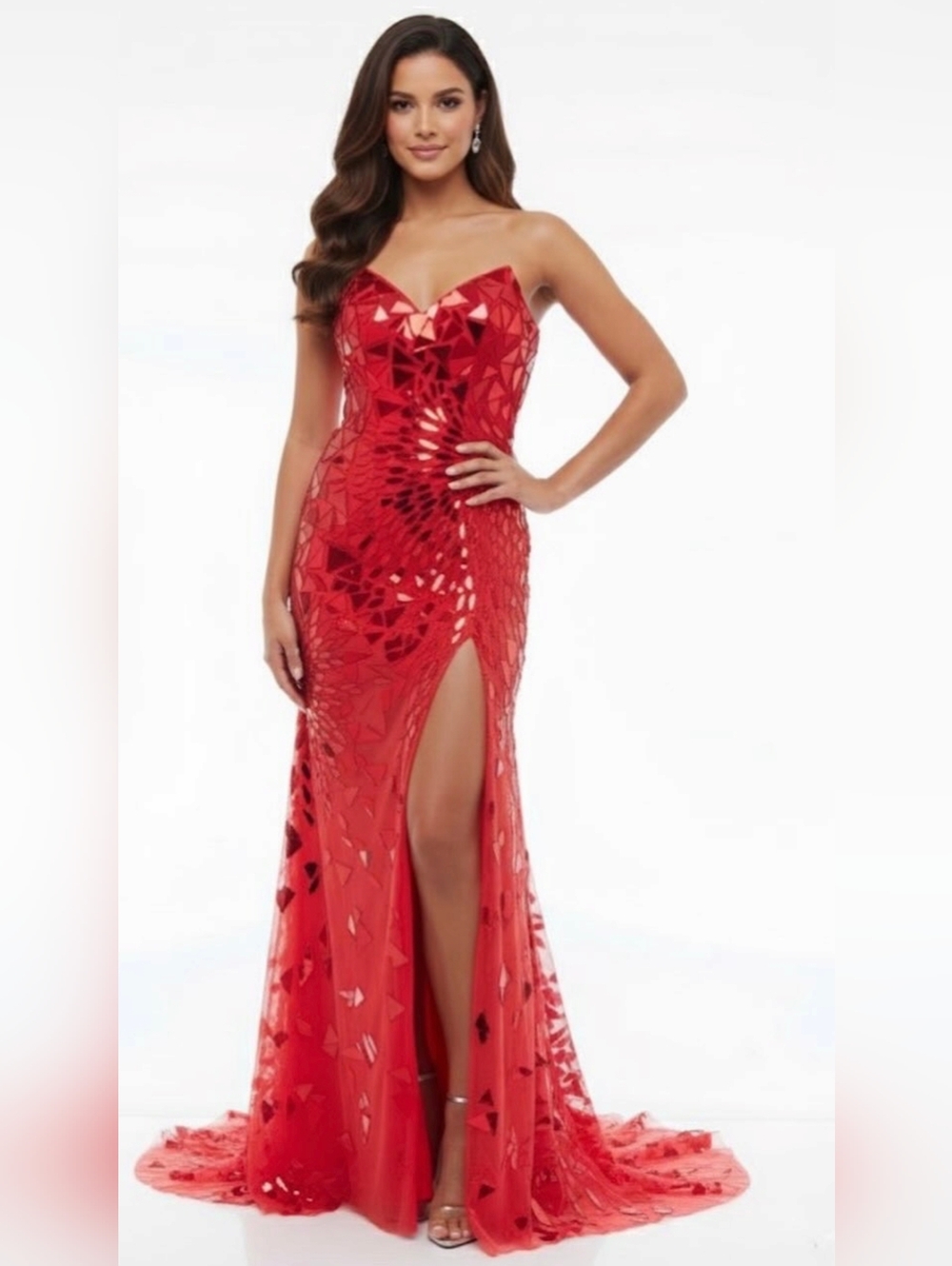 Strapless Red Sequin Mirror-Effect Evening Gown